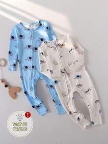 2 Piece Sets Snug Fit  Pajamas Cute Elephant Animal Cartoon Pattern Solid Blue Round Neck Long-Sleeved Zip-Up Bodysuit For Baby Boys ,Baby Boy Clothes - Multicolor - View 1