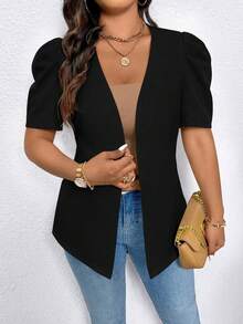 Elenzga Plus Size Women's Solid Color Short Puff Sleeve Casual Minimalist Lightweight Blazer - Black - View 6