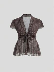 Sweetra V领系带网纱波点短袖透视休闲甜美T恤，A字下摆，春夏款 - 咖啡棕 - 查看 1