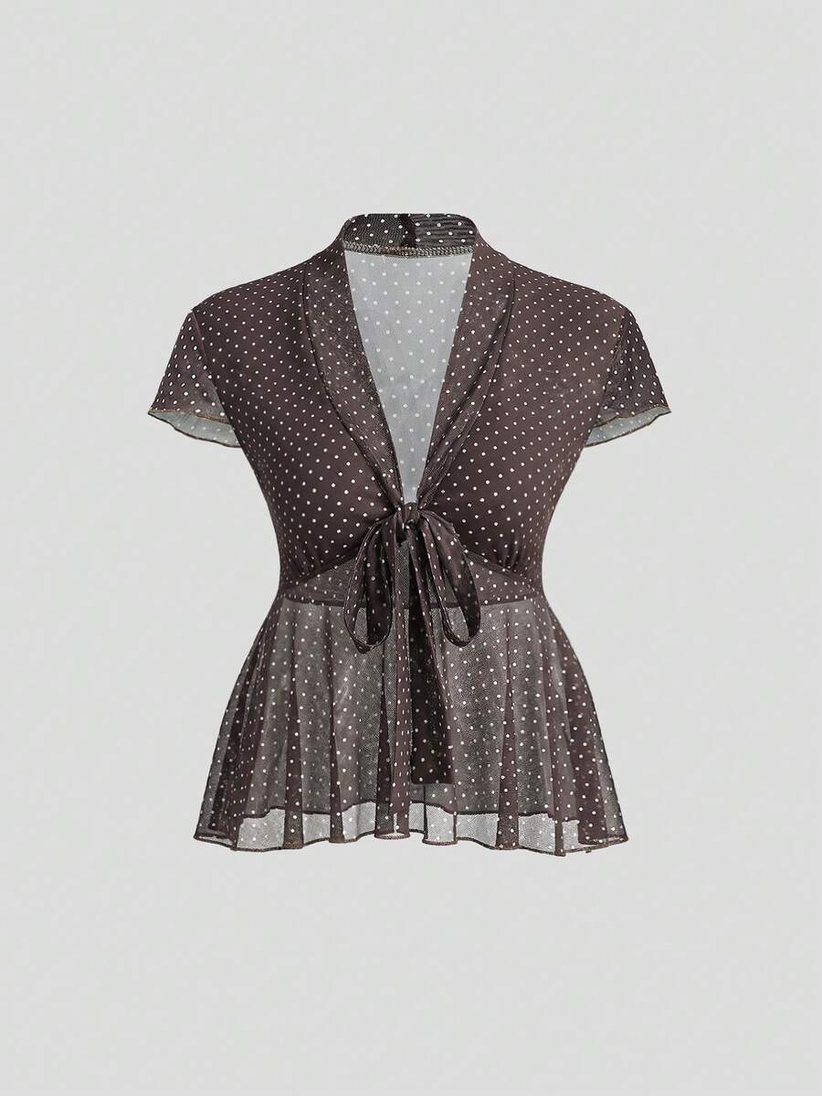 Sweetra V领系带网纱波点短袖透视休闲甜美T恤，A字下摆，春夏款 - 咖啡棕 - 查看 1