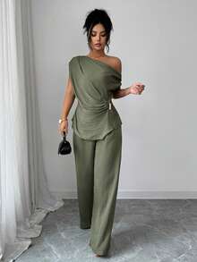 Elenzga 女款橄欖綠夏季優雅用餐套裝，單肩金屬扣垂墜不對稱上衣&鬆緊腰寬腿褲，辦公通勤穿搭 - 軍綠色 - 查看 6