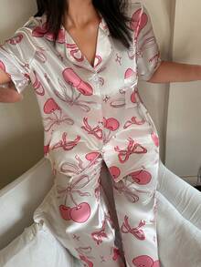Dream Adore Cherry Blossom Bow Print Pocket Short Sleeve & Long Pants Plus Size Women Pajama Set - Champagne - View 4