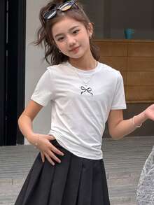 DAZY Girls Casual Knit Round Neck Bow Print Short Sleeve T-Shirt - White - View 2