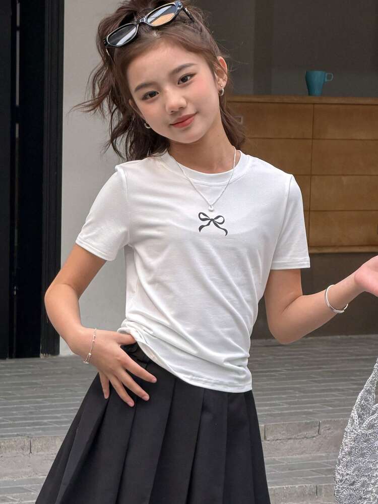 Tween Girls Casual Knit Round Neck Bow Print Short Sleeve T-Shirt Summer