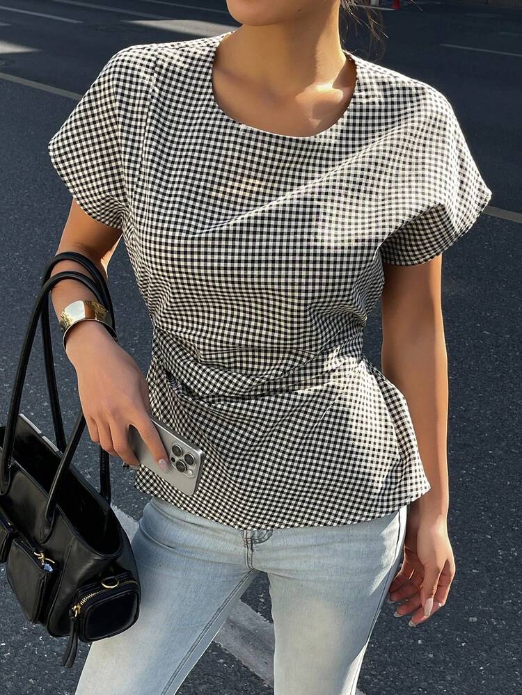 Women's Black & White Plaid Fitted Blouse Y2k Summer