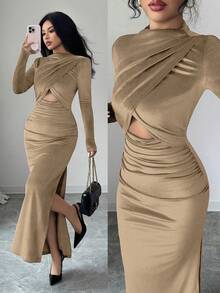 Rafferiza Vestido elegante y sexy para mujer, de manga larga, cuello alto, ajustado, de tela de terciopelo con abertura lateral, color azul profundo, para otoño/invierno - Caqui - Ver 1