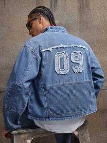 AXEPEAK Áo khoác denim nam casual, kiểu dáng wash, có chữ và họa tiết thêu. - Màu xanh lam - Xem 1