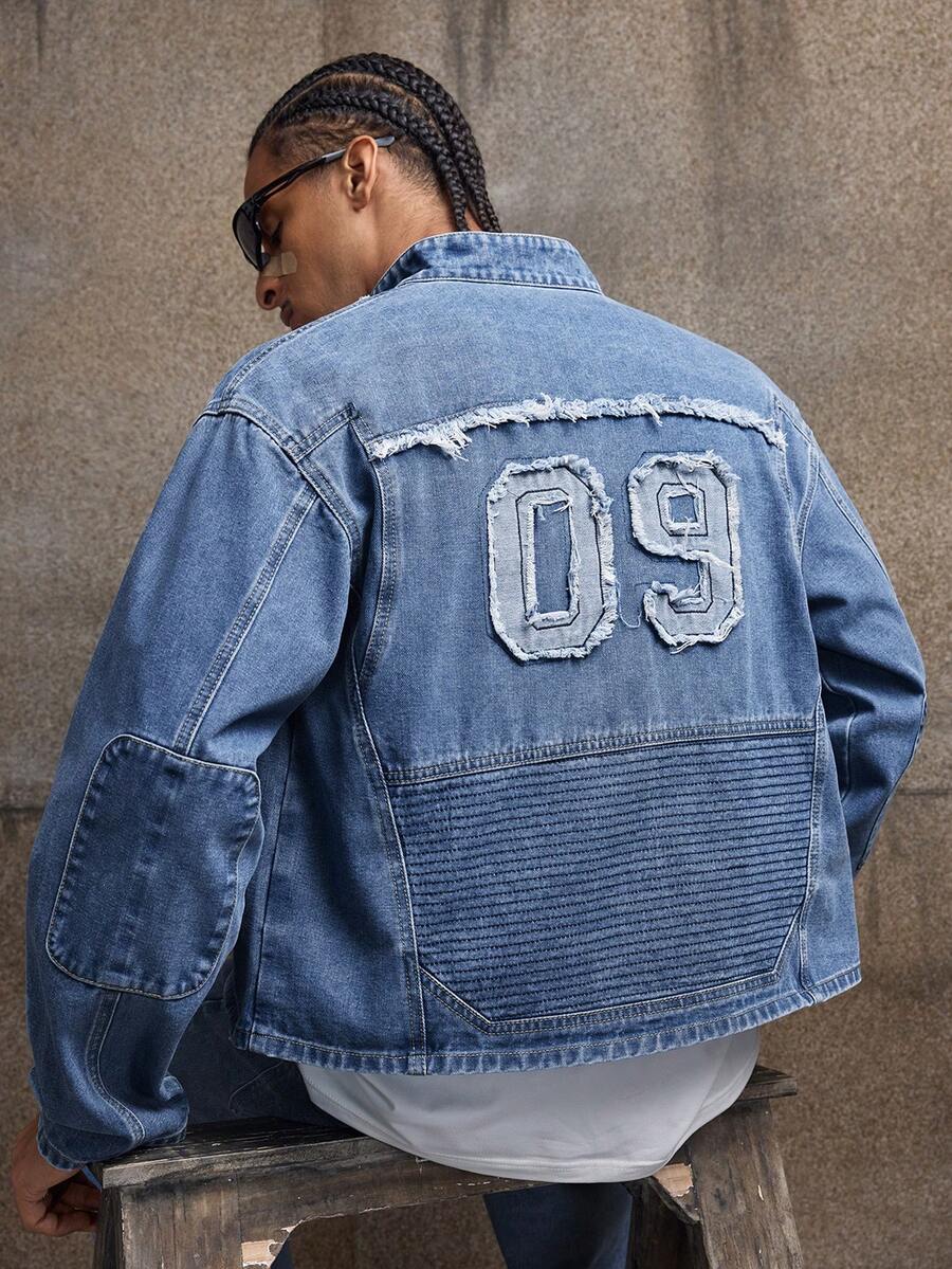 AXEPEAK Áo khoác denim nam casual, kiểu dáng wash, có chữ và họa tiết thêu. - Màu xanh lam - Xem 1