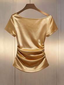SHEIN Franclia قميص نسائي لامع، مناسب للحفلات، بتصميم أزهار ثلاثية الأبعاد، رقبة غير متماثلة مطوية، قميص جديد - الذهبي - مشاهدة 2