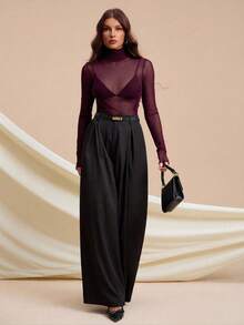 SHEIN Tall 斯德哥爾摩風格 女教師款 2025年夏季新款女式高領網紗長袖上衣 新年女士上衣 高個女性適用 - 中紫紅色 - 查看 6