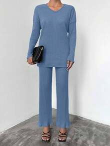 SHEIN Cottnline Women's Solid Rib Knit Two Piece Set - Royal Blue - View 2