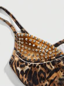 ROMWE Grunge Punk 性感嬉皮豹纹朋克铆钉拼接女式吊带背心 - 棕色 - 查看 3