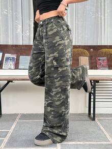 Rivivi Women's Casual Everyday Street Camo Wide Leg Denim Cargo Pants - Army Green - View 4