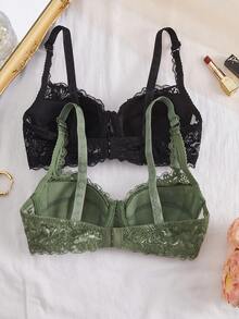 DesireSculpt 2件装女士纯色蕾丝钢圈文胸 - 綠色 - 查看 2