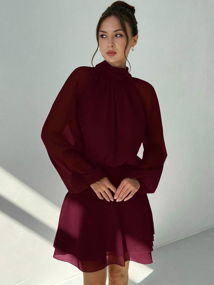 Aloruh Elegant Solid Color Mock Neck Dress, Casual & Party Wear - Rose Red - View 1