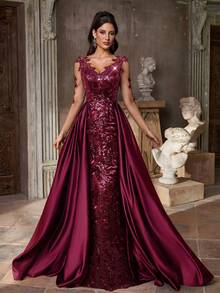 Aureia Elegant Black Beaded Sequin Patchwork Satin Sheer Long Sleeve V-Neck Fishtail Maxi Dress With Flowing Train,Perfect For Formal Weddings,Parties,Galas - Burgundy - View 7