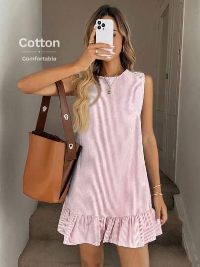 SHEIN LUNE Blue And White Striped Ruffle Hem Sleeveless Round Neck Women Mini Dress,Dresses For Women Summer