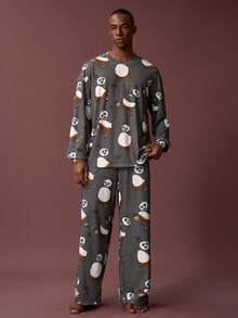 SHEIN Kung Fu Panda Men's Cartoon Pattern Themed Long Sleeve Top And Pants Loungewear Set - Dark Grey - View 4