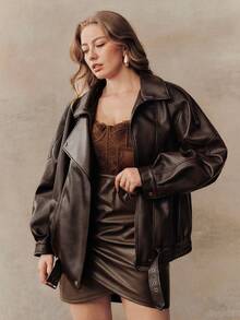 Anewsta Plus Size Solid Color Drop Shoulder Long Sleeve Loose Fashionable Versatile Jacket - Brown - View 3