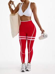 Dewbera Women's Striped High Waist Casual Fitness Leggings - Red - View 6