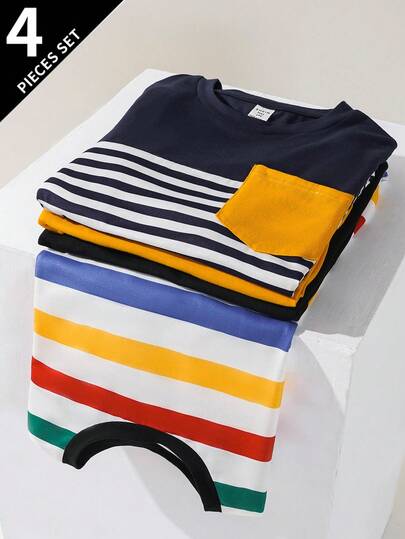 SHEIN 4pcs/Set Teen Boy Casual Solid Color Crew Neck Loose Knit Short Sleeve T-Shirts