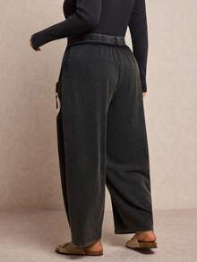 Elaquor 大码休闲日常拼接细节抽绳腰裤 - 黑色 - 查看 2