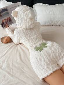 Dream Adore 动物造型连帽蝴蝶结提花抓绒女士连体睡衣 - 綠色 - 查看 4