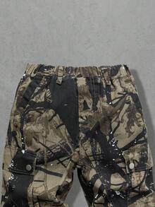 男童时尚迷彩印花牛仔裤，适合所有季节，休闲校园穿着，松紧腰带，工装口袋，宽松版型牛仔裤 - 卡其色 - 查看 4