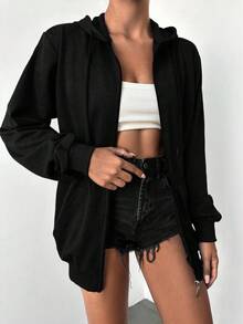 EURMUSE 100%Cotton Solid Zip Up Drawstring Hoodie - Black - View 5