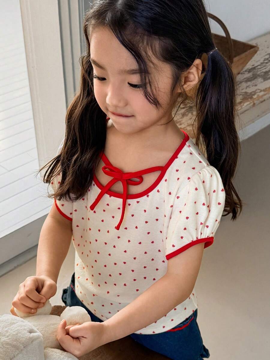 DAZY Young Girls Round Neck Polka Dot Tie Casual Short Sleeve T-Shirt, Fall - Beige - View 1