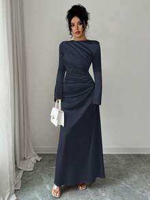 Rafferiza 优雅修身针织缎面连衣裙，正面褶裥设计，喇叭袖，浅粉色，适合派对或日常穿着，秋冬季。 - 藏蓝色 - 查看 5