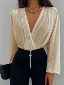 EURMUSE Cotton Solid Surplice Neck Lantern Sleeve Blouse - Apricot - View 6