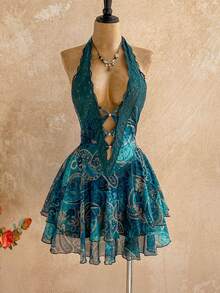 Soleia Đầm ngắn nữ kiểu cổ điển cổ yếm hở lưng xếp nếp viền đầm - màu xanh lá - Xem 3