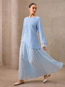 Graceveil 两件套优雅通勤百褶简约蓝色女装 - 藍色 - 查看 2