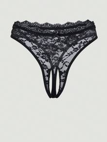 MISSGUIDED Delicate Floral Lace Crotchless Panties With Scalloped Edge Trim And Sheer Mesh Panel Design For Intimate Occasions - Black - View 1