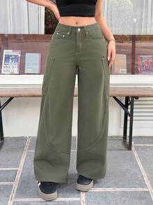 Rivivi Women's Casual Everyday Commute Fashion Street Loose Wide-Leg Jeans - Army Green - View 4