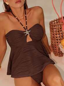 Swim Chiccia Tankini Tanpa Lengan Model Halter Neck untuk Wanita, Warna Cokelat Kopi, Bahan Poliester Polos, Pendek, dengan Detail Bintang Laut dan Tali Pengikat di Belakang - Coffee Brown - View 3