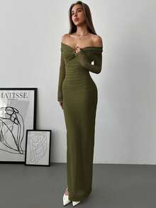 Aloruh 露肩网纱扭结褶皱连衣裙，浪漫约会之夜长袖礼服 - 軍綠色 - 查看 1