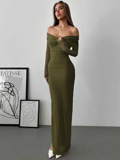 Aloruh Vestido con hombros descubiertos, malla retorcida y fruncido, vestido de noche romántico con mangas largas