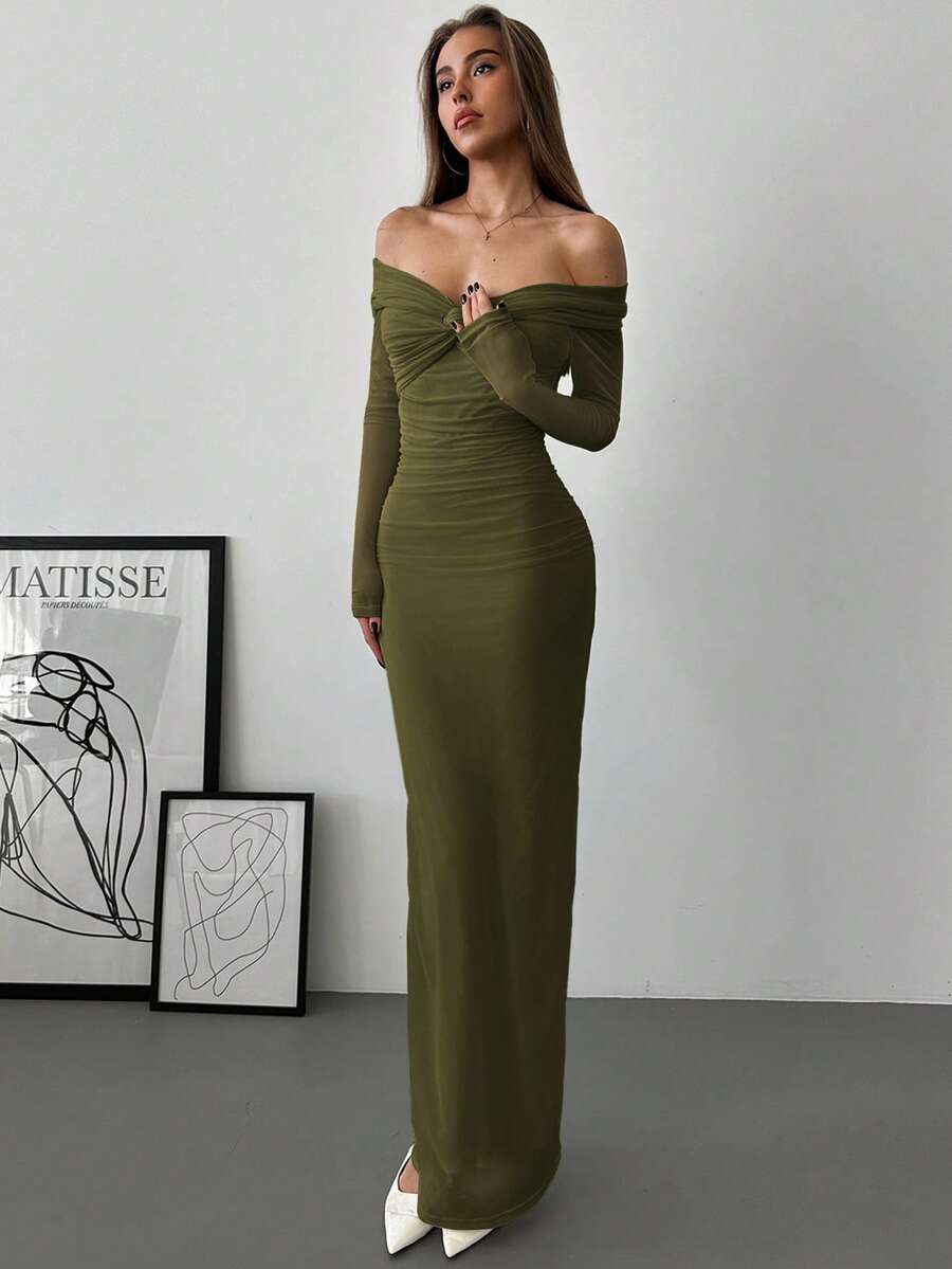 Aloruh 露肩网纱扭结褶皱连衣裙，浪漫约会之夜长袖礼服 - 軍綠色 - 查看 1