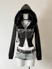 Jeanoix Women's Tight Fit Printed Patchwork Faux Fur Collar Hooded Sweatshirt - Black - View 6