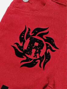 Young Boy Letter Graphic Pocket Denim Bib Overalls - Red - View 4