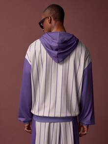 SHEIN Kung Fu Panda Men's Casual Striped Patchwork Drawstring Hoodie, Autumn - Grey - View 2