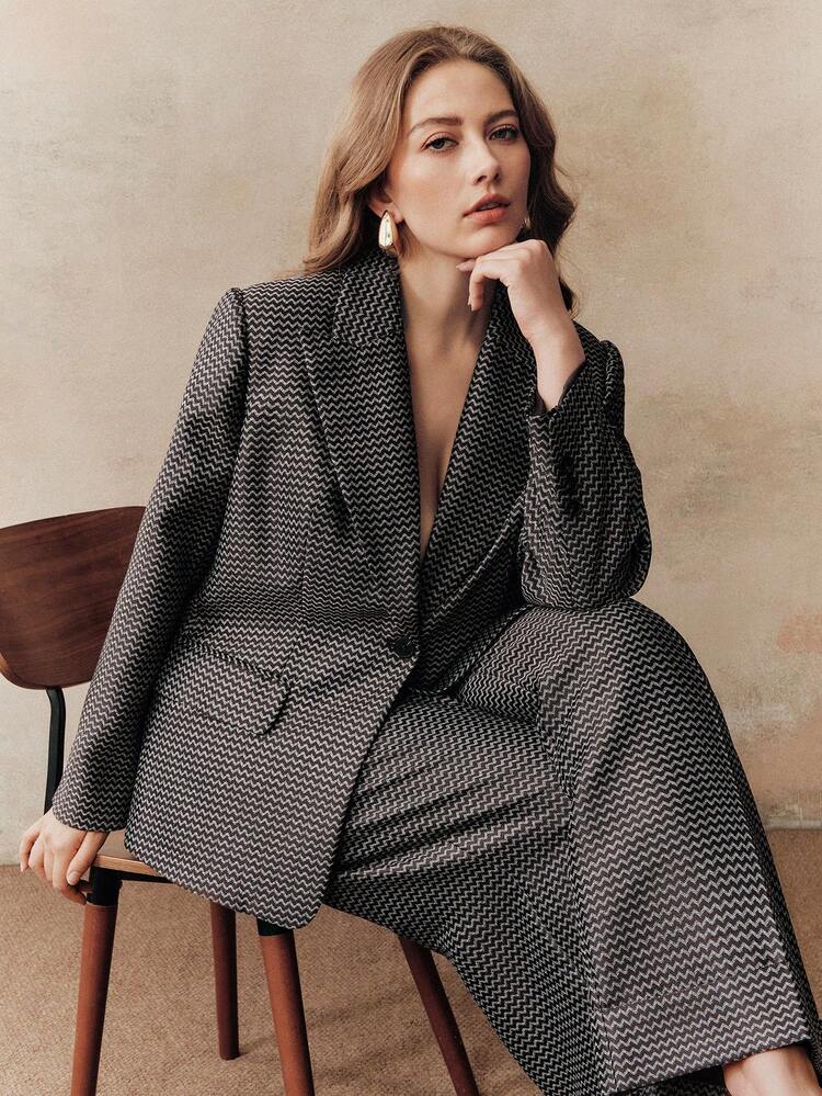 Plus Size Women Urban Chic Retro Striped Wavy Textured Long Sleeve Lapel Blazer Women's Suits Business Clothes Women