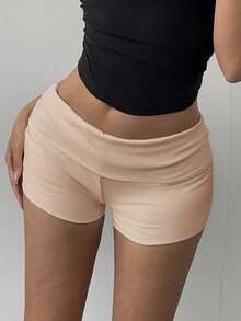 SHEIN BASICS Women's Casual Solid Color Knit Low Waist Fitted Sports Shorts/Summer - Khaki - View 3