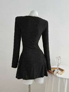 Elamini 女士短款针织连衣裙，酒红色，纹理面料，抽绳设计，褶皱剪裁，休闲百搭，适合通勤，秋冬季穿着 - 黑色 - 查看 2