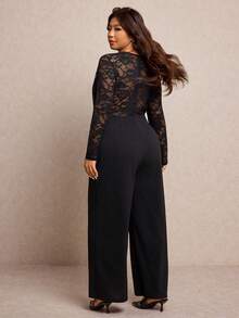 Elaquor Bộ jumpsuit ren phối ren gợi cảm, thời trang cỡ lớn - màu đen - Xem 2