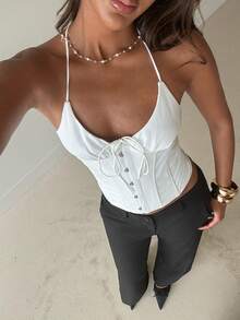 Aloruh Women's Casual Elegant Sexy Romantic Date Y2K Bowknot Halter Backless Camisole Top, Spring/Summer - White - View 8