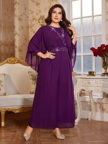Reflora Bộ áo liền quần bằng vải chiffon thanh lịch dành cho nữ cỡ lớn, thích hợp cho các bữa tiệc, mùa thu/đông/xuân. - Màu tím - Xem 4