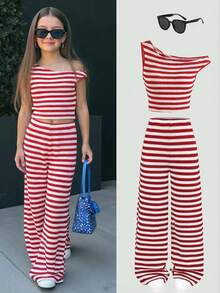 SHEIN 青少年女孩休闲度假街头服饰不对称纹理针织条纹短款修身 T 恤和配套直筒条纹针织裤两件套返校装，红白条纹 - 紅色 - 查看 6